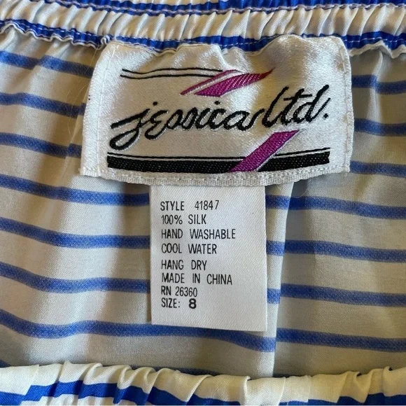 Jessicas ltd Vintage Skirt Circle 100% Silk Stripes White Blue sz 8 - Picture 3 of 5